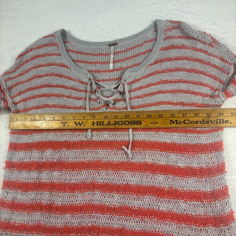 Free People Women M Open Crochet Knit Judy Punk Orange‎ Striped Lace Up Sweater - Picture 11 of 13